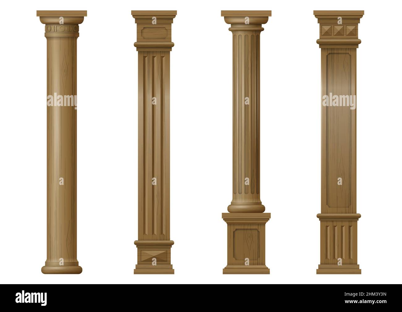 Set vintage classico legno intagliato colonne architettoniche con ornamento per interni o facciata. Elementi di Falegnameria o balaustre. Grafica vettoriale Illustrazione Vettoriale