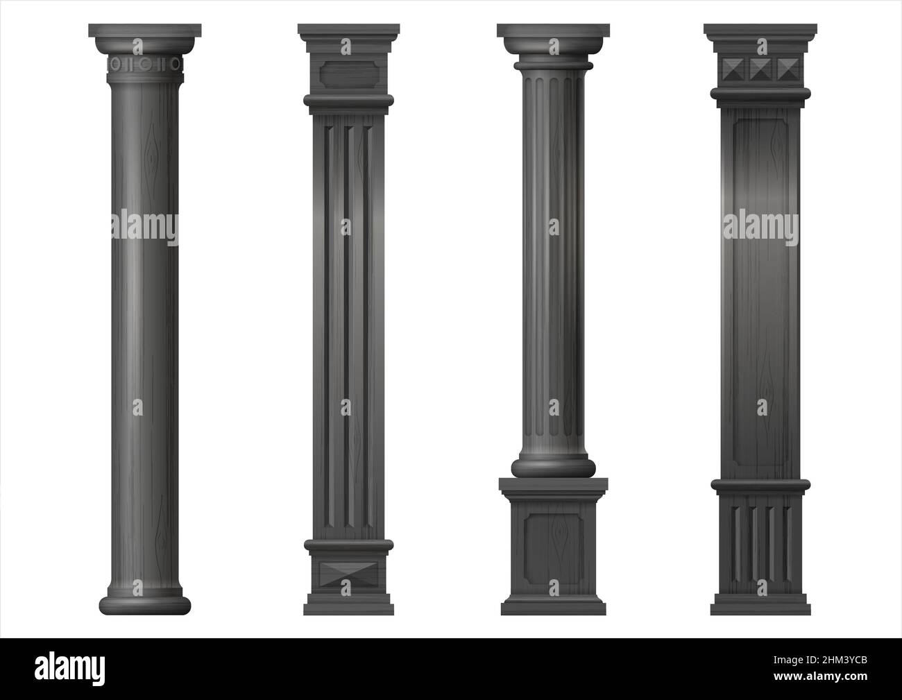 Set vintage classico legno intagliato colonne architettoniche con ornamento per interni o facciata. Elementi di Falegnameria o balaustre. Grafica vettoriale Illustrazione Vettoriale