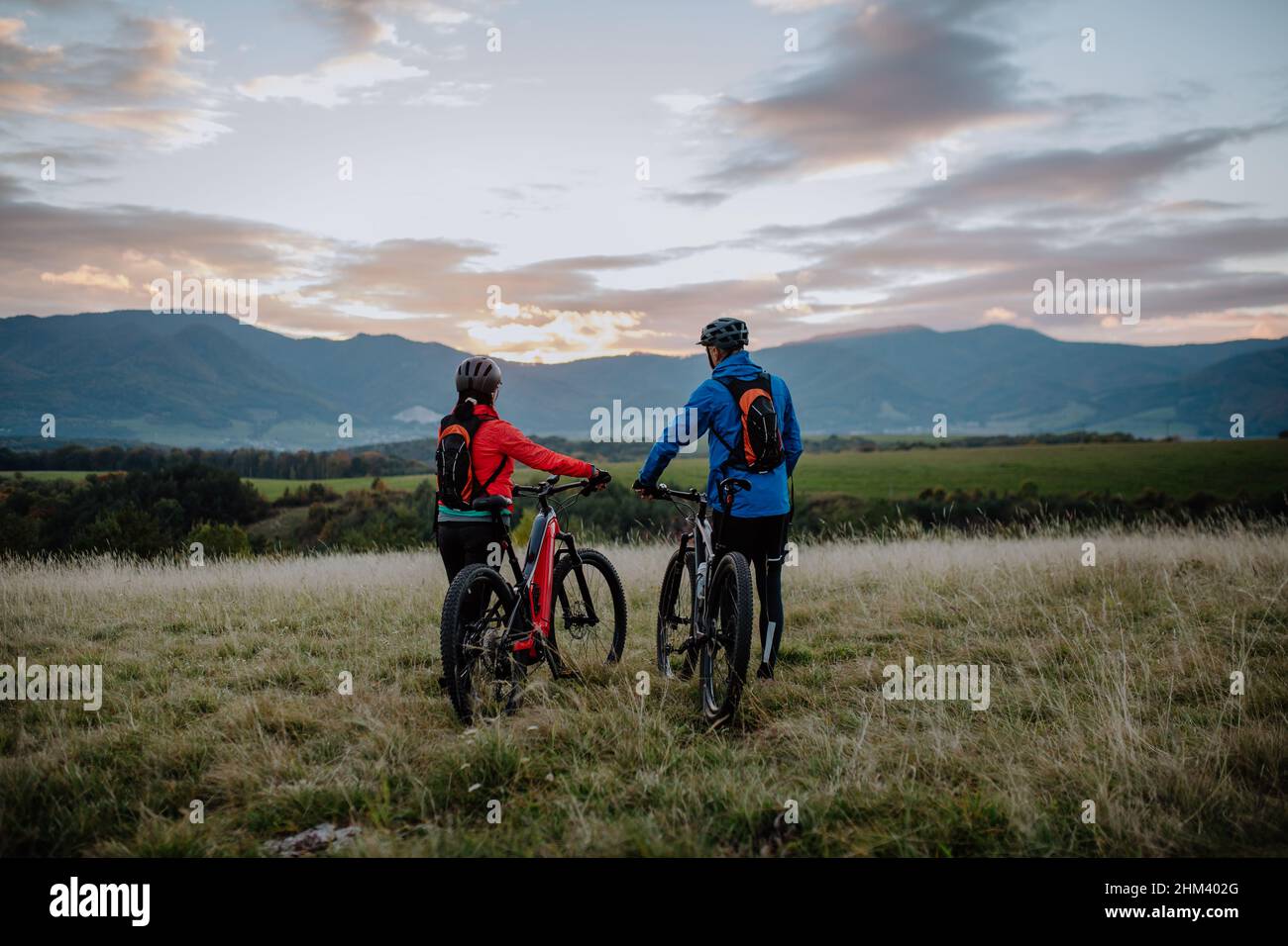 Vista posteriore dei ciclisti senior che camminano e spingono le e-bike all'aperto nella foresta nel giorno d'autunno. Foto Stock