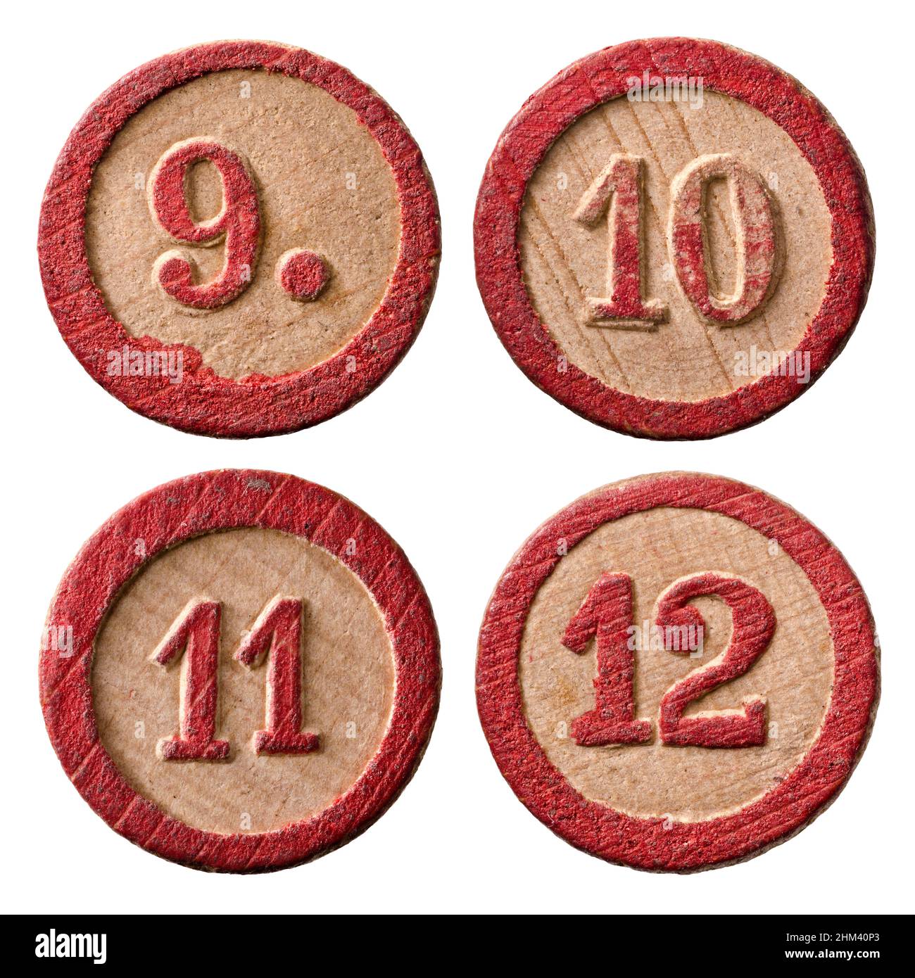 Lotto di legno d'epoca numero - nove - dieci - undici - dodici Foto Stock