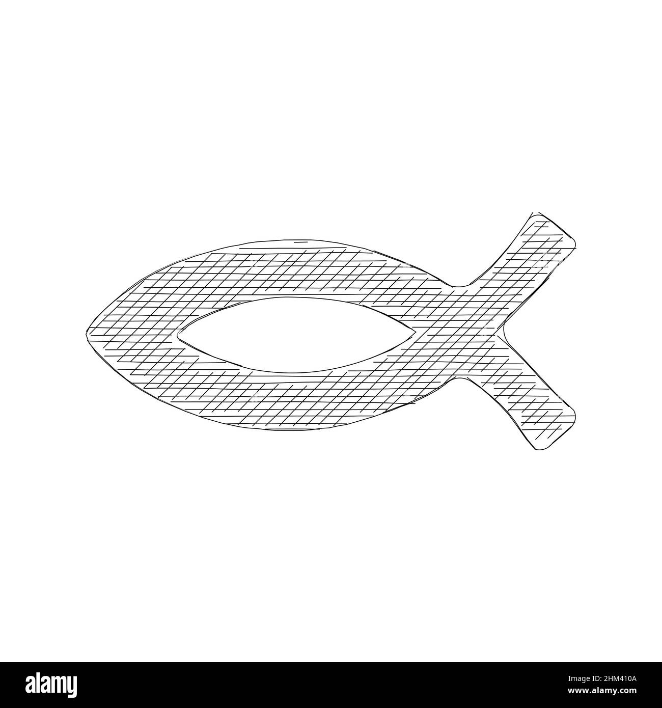 Simbolo del pesce linee tracciate a mano, emblema della fede religiosa cristiana isolato su sfondo bianco. Illustrazione vettoriale. Illustrazione Vettoriale