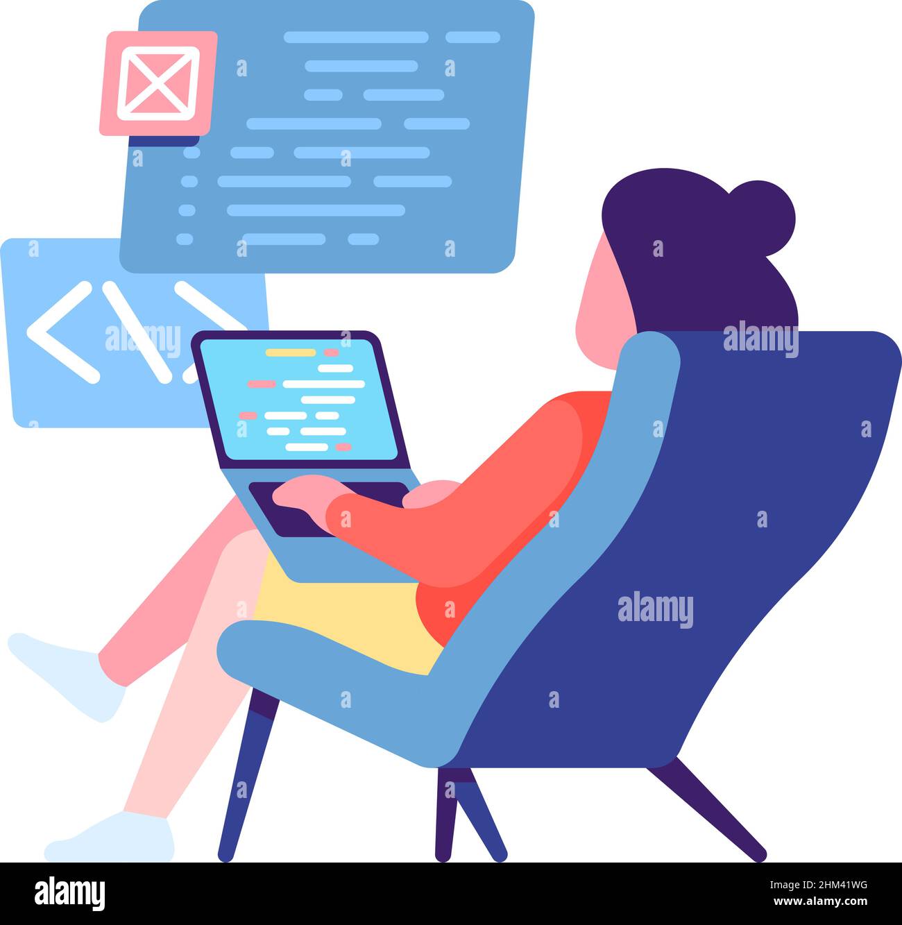 Donna programmazione sullo schermo del computer. Processo di sviluppo del software Illustrazione Vettoriale