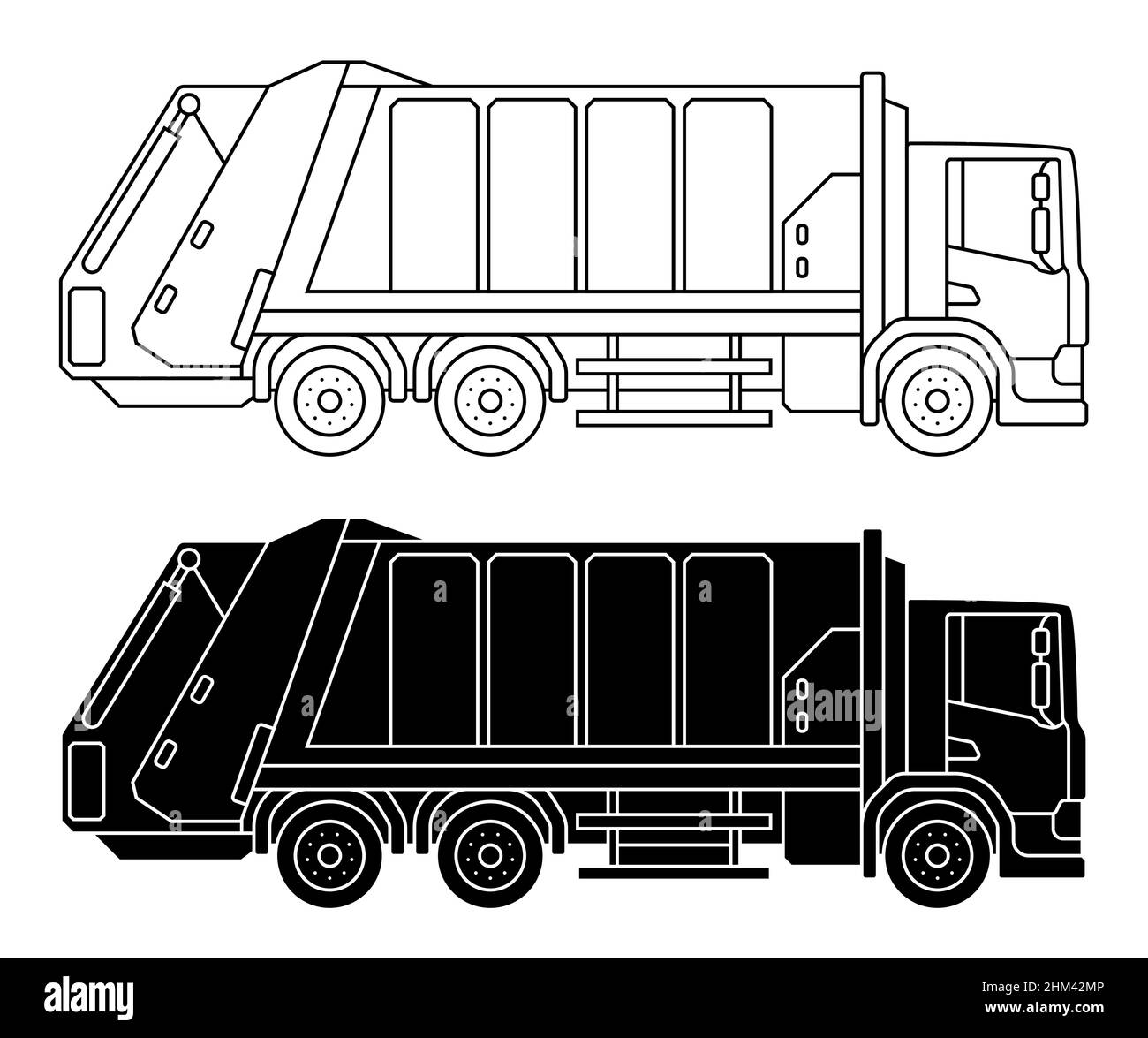 Disegno lineare per bambini per libro da colorare. Autocarro per rifiuti urbani pesanti in lineare. Macchinari e attrezzature industriali. Vettore isolato sul retro bianco Illustrazione Vettoriale