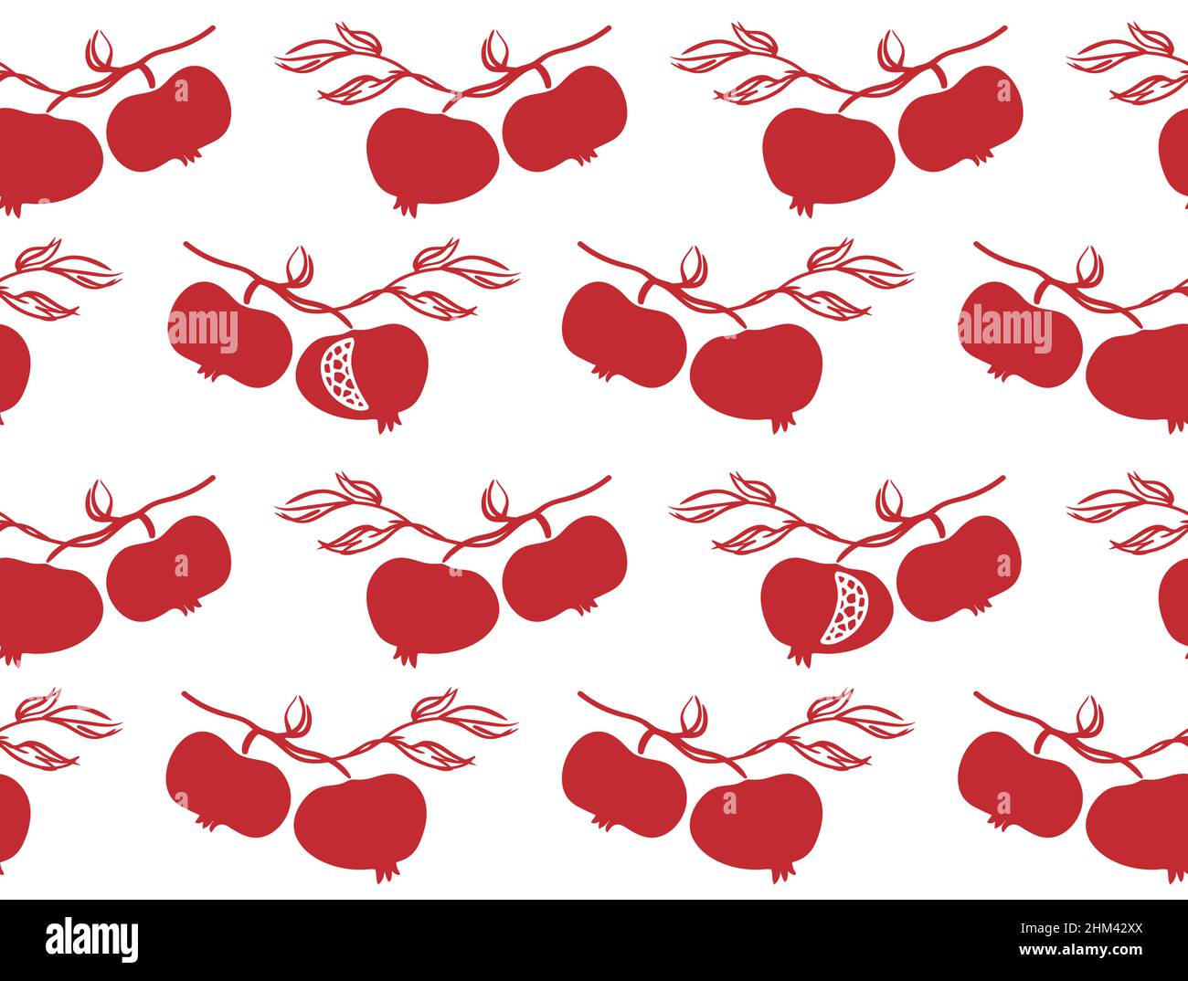 Melograno disegno vettoriale senza cuciture motivo, frutta matura cracked su albero ramo stile retrò, piastrelle infinite texture colore rosso su sfondo bianco Illustrazione Vettoriale