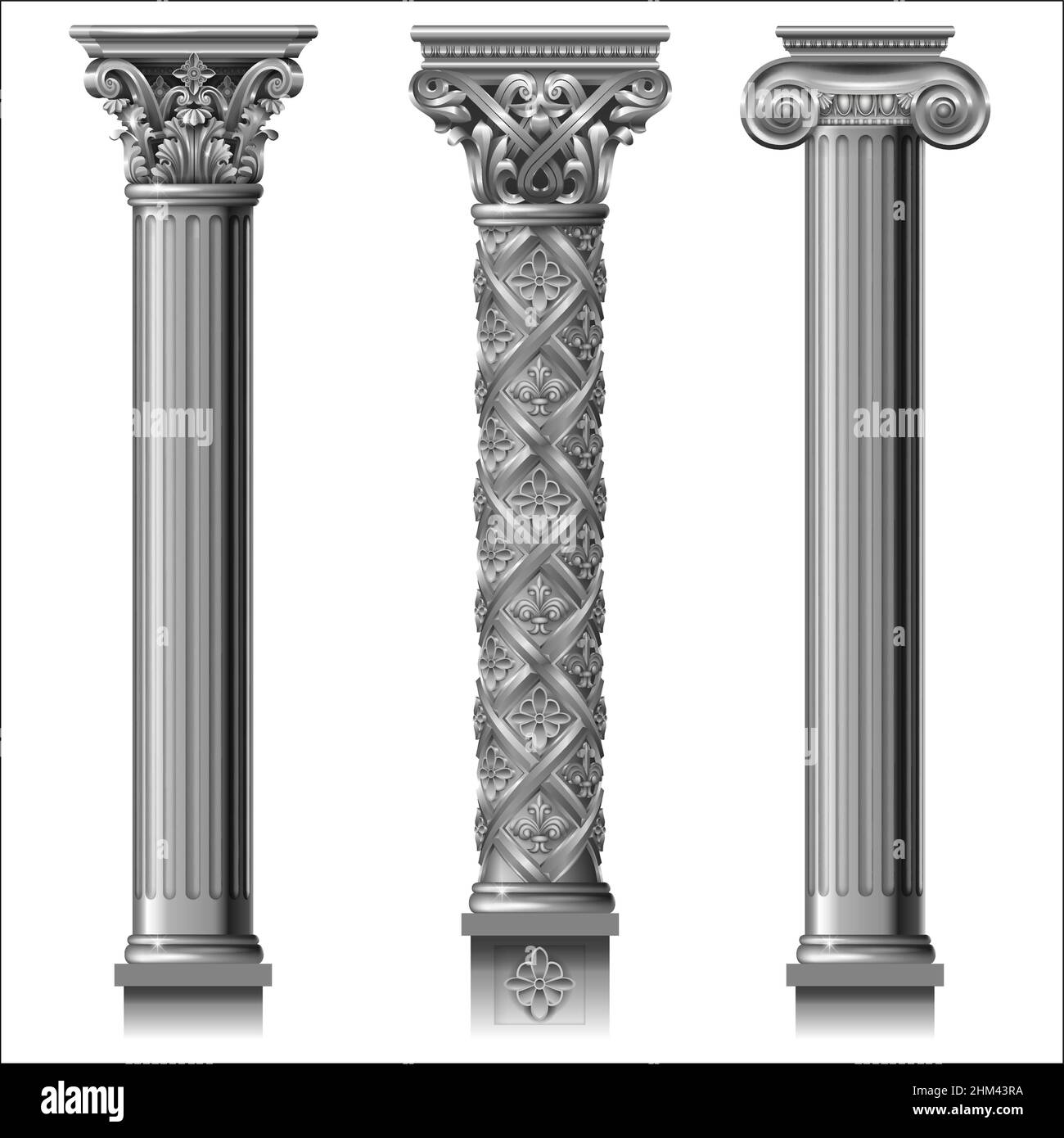 Set di colonne classiche in argento in diversi stili. Grafica vettoriale Illustrazione Vettoriale