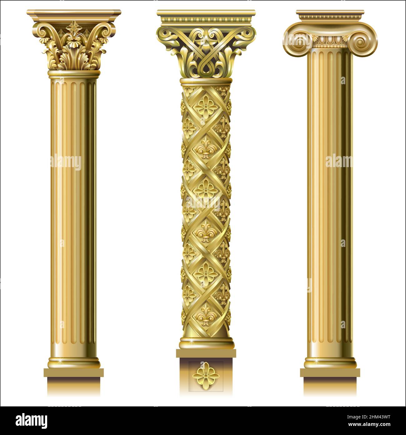 Set di colonne classiche in oro in diversi stili. Grafica vettoriale Illustrazione Vettoriale