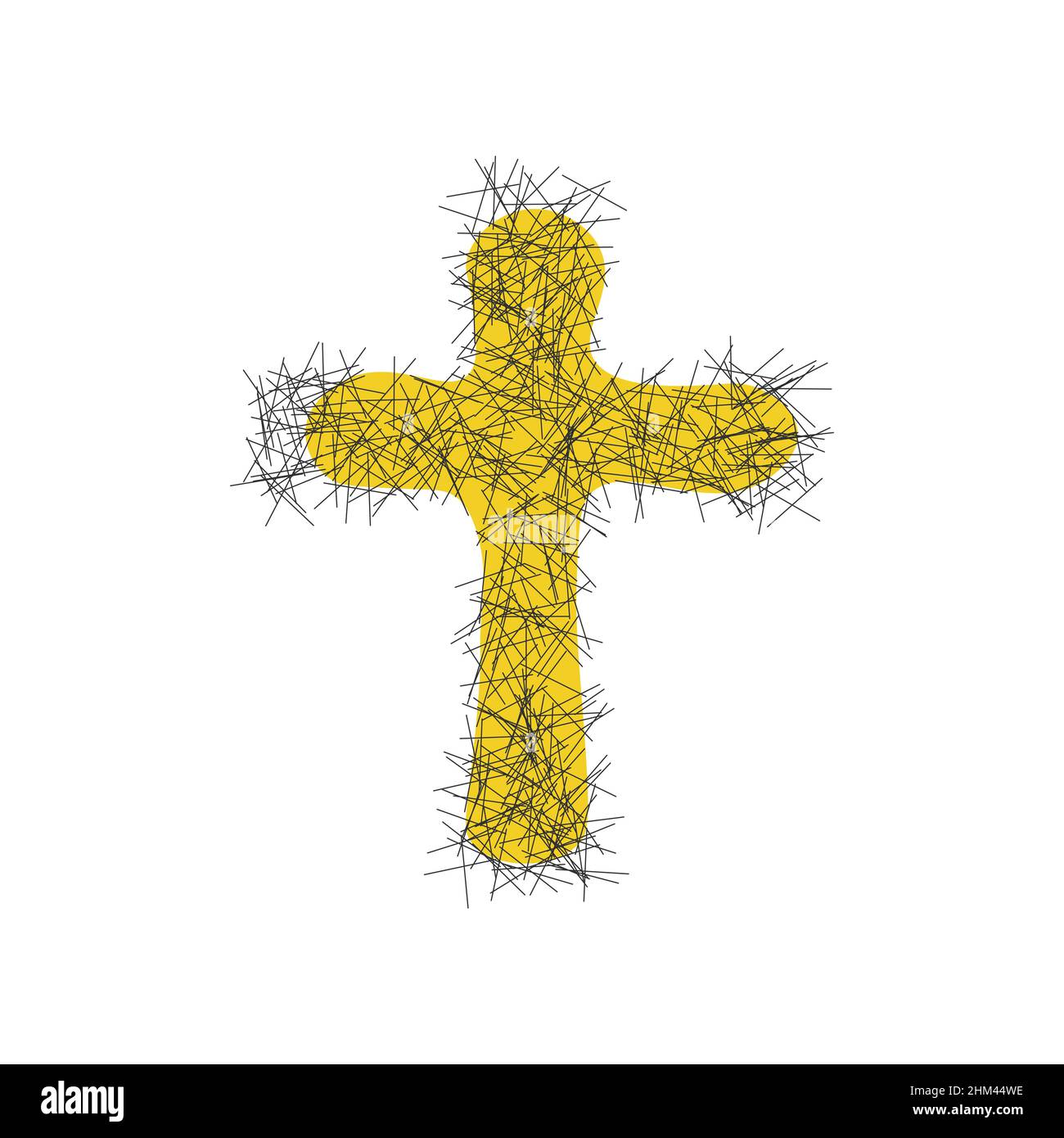 Croce cristiana di pasqua disegnata a mano con fiore giallo. Illustrazione del vettore di scorta isolata su sfondo bianco. Illustrazione Vettoriale
