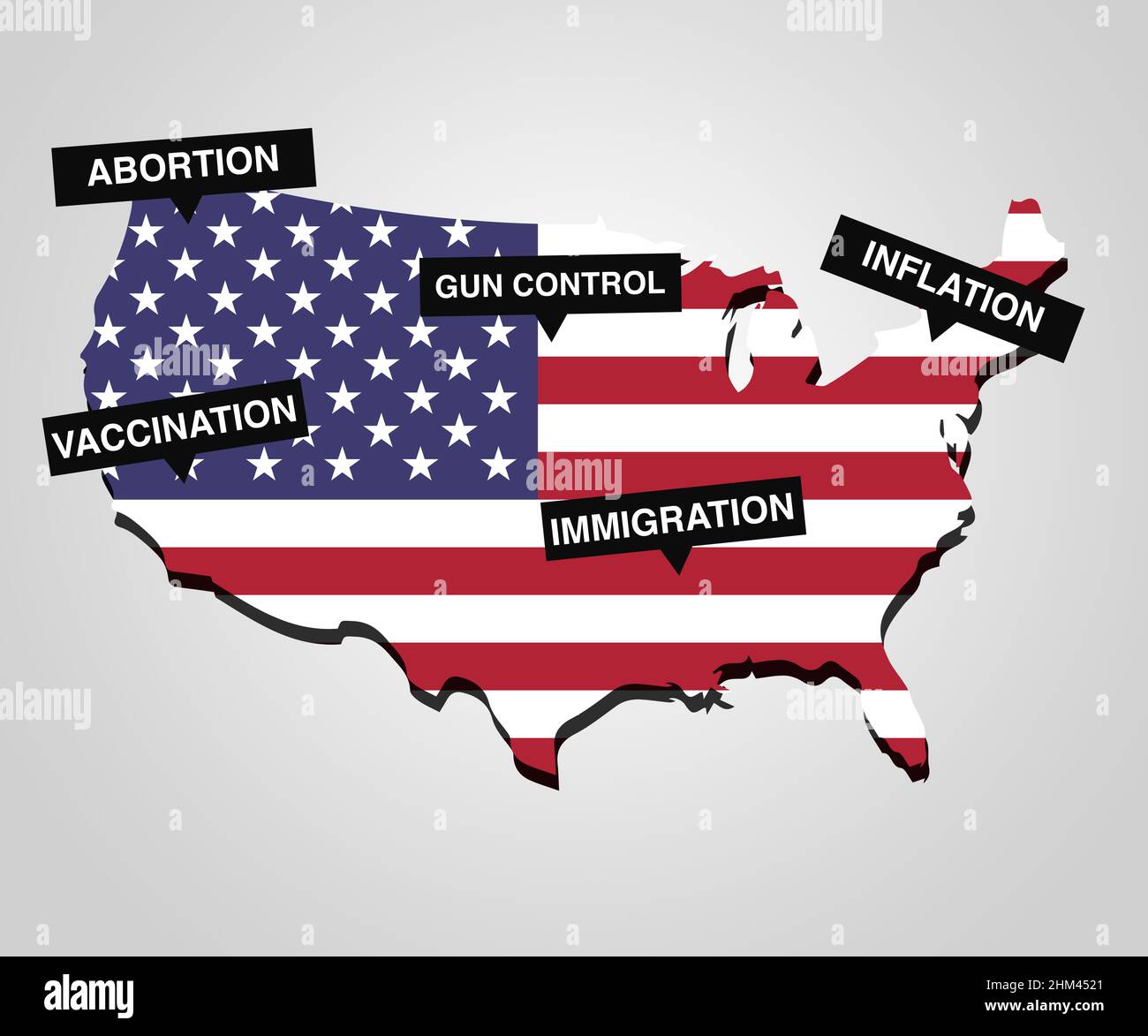 Divisioni sociali e guerra ideologica e scontri negli Stati Uniti d'America Illustrazione sfondo. Mappa USA e bandiera con problemi principali evidenziati Foto Stock