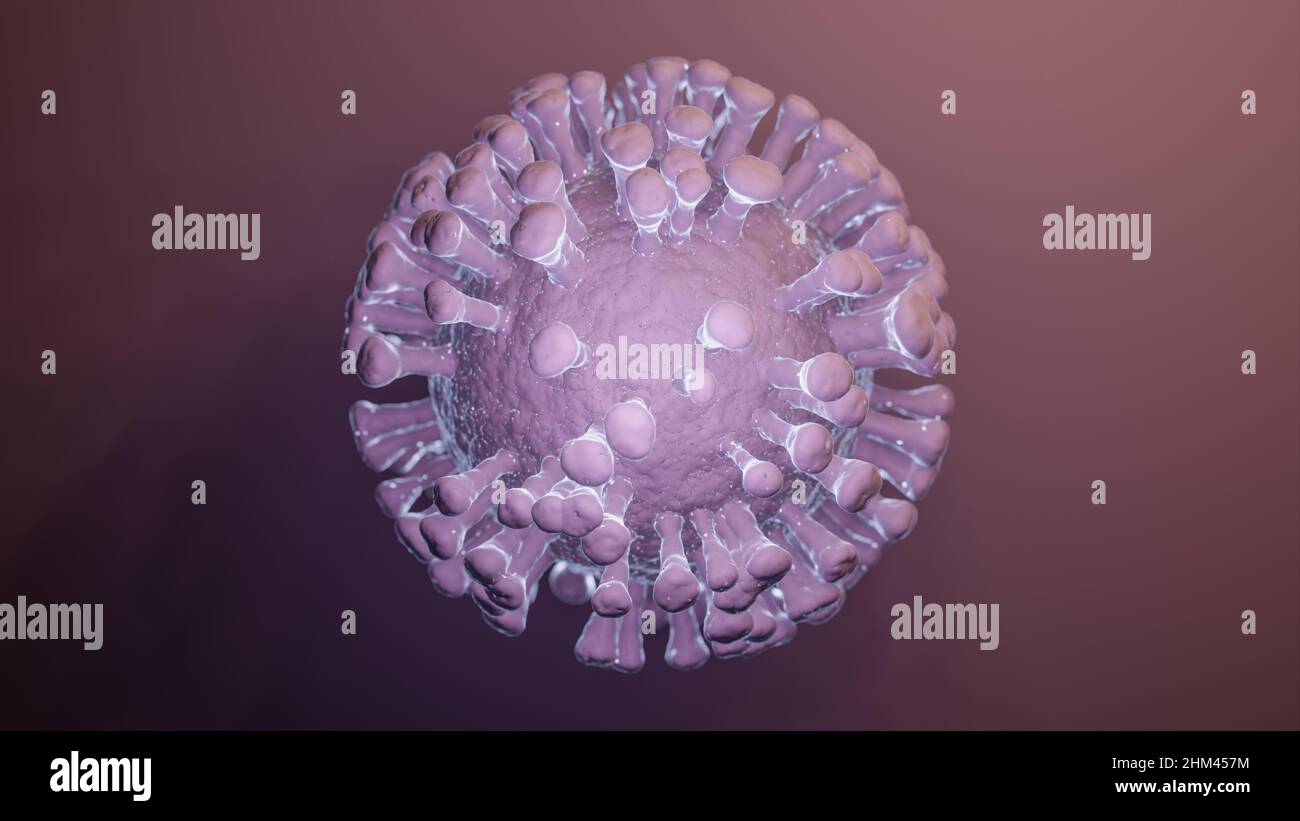 Illustrazione concettuale di una singola cellula virale viola, visualizzazione di un'infezione virale Foto Stock