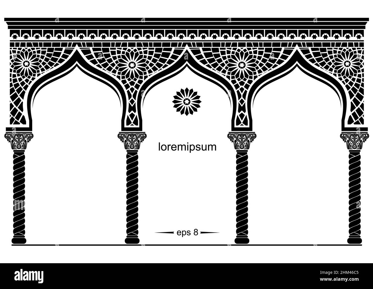 Silhouette della facciata orientale ad arco. Fiaba arco orientale, indiano o arabo, sfondo per copertina, carte di invito. Grafica vettoriale Illustrazione Vettoriale