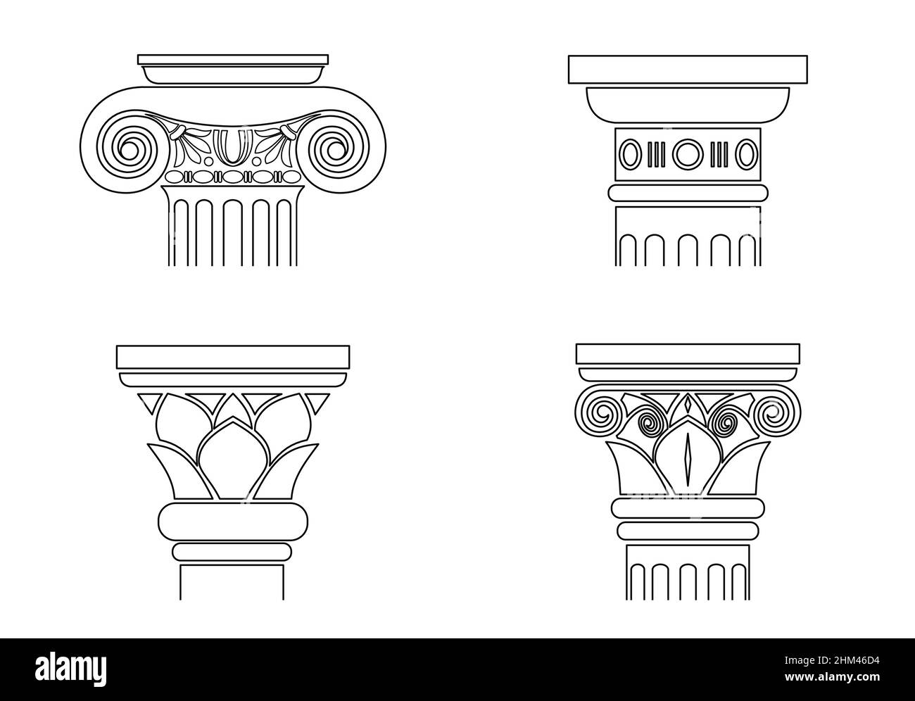 Un insieme di diverse sagome di capitelli per colonne architettoniche. Modelli nella grafica vettoriale Illustrazione Vettoriale