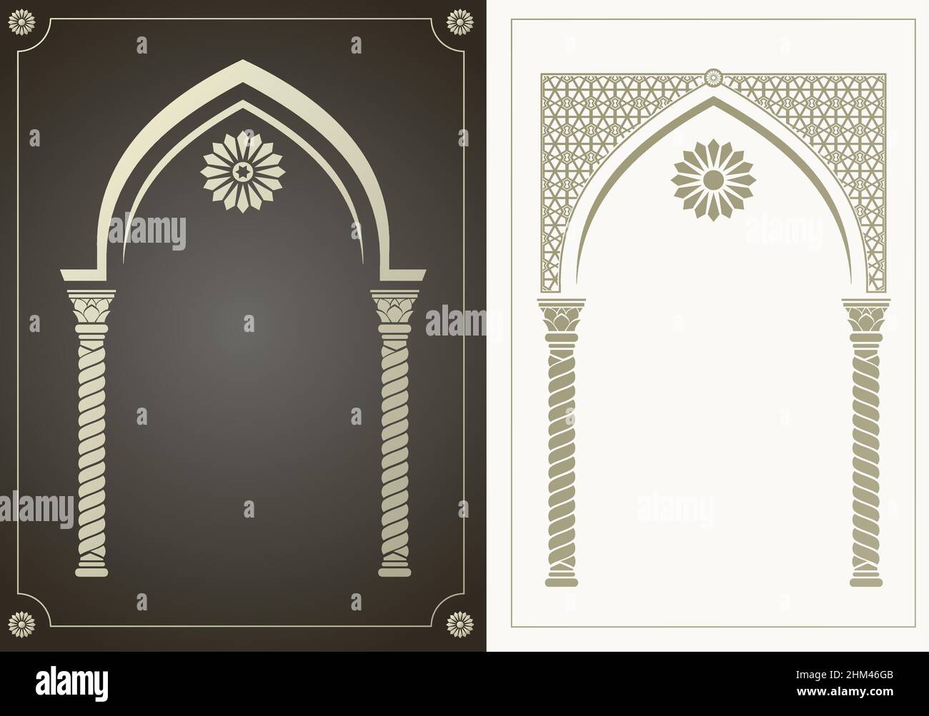 Biglietto di auguri con una silhouette di due archi in stile orientale Illustrazione Vettoriale