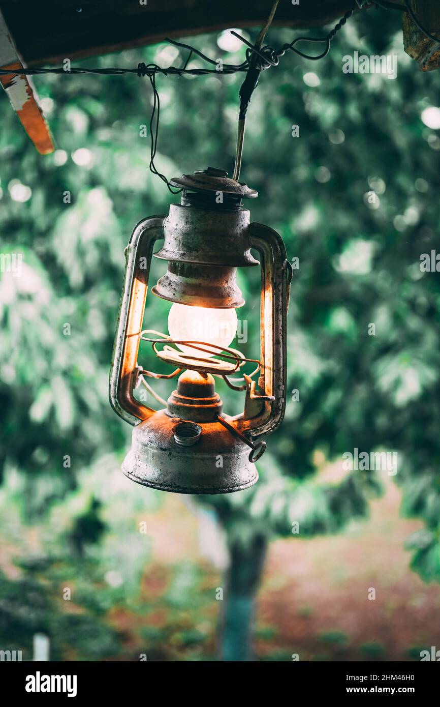 Lampada a gas arrugginita d'epoca nella foresta. Foto Stock