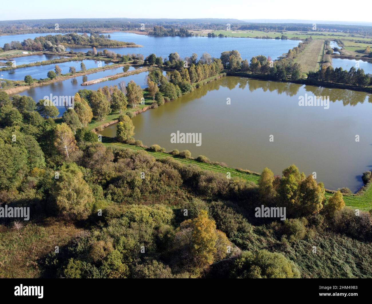 Vista aerea di stagni di pesce sul lago d'Orle, Pomerania, Polonia Foto Stock