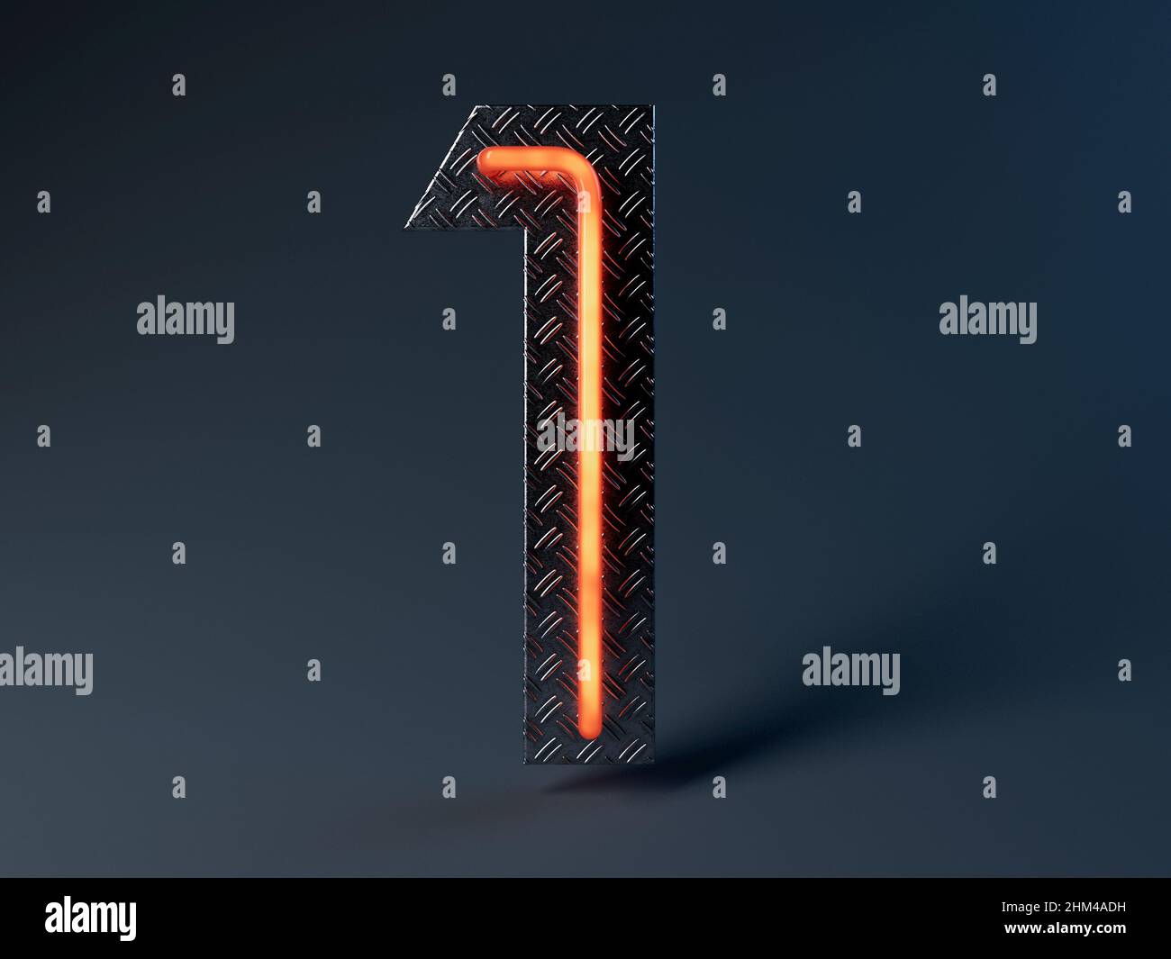 Un arancione illuminato numero uno montato su una pedana antisdrucciolo in metallo lucido - rendering 3D Foto Stock