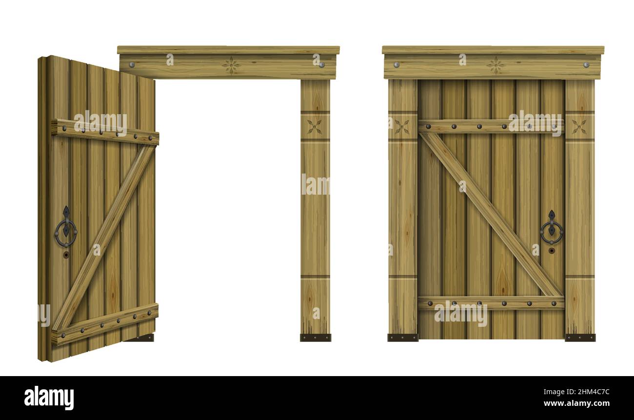 Antica porta in legno ad arco fantasy gotico scandinavo. Grafica vettoriale. L'antica capanna. Texture Illustrazione Vettoriale
