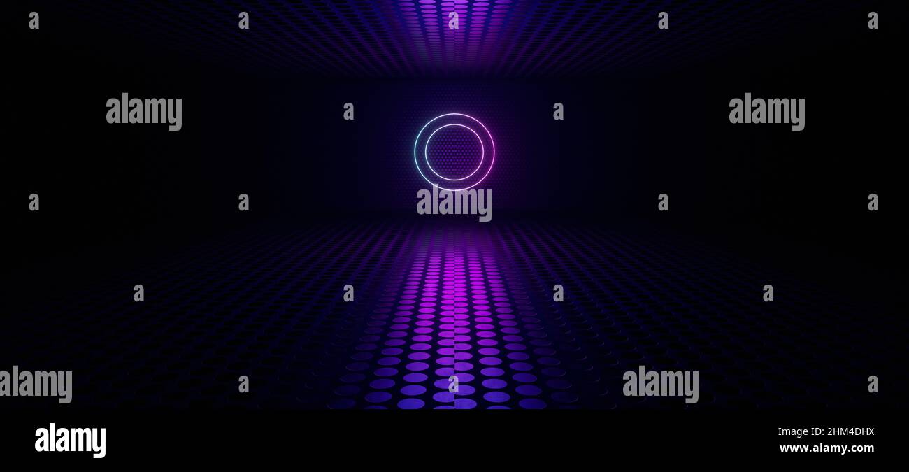 Mostra sfondo scena vuoto. Riflessione di un suolo metallico scuro . Raggi di luce ultravioletta al neon al buio, al neon 3D Illustrazione Foto Stock