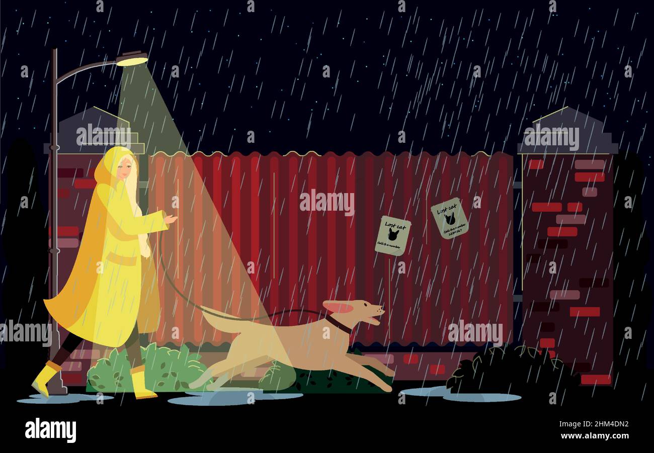 Concetto di cura degli animali domestici. Una donna cammina il suo cane nonostante il cattivo tempo. Serata piovosa. Illustrazione Vettoriale