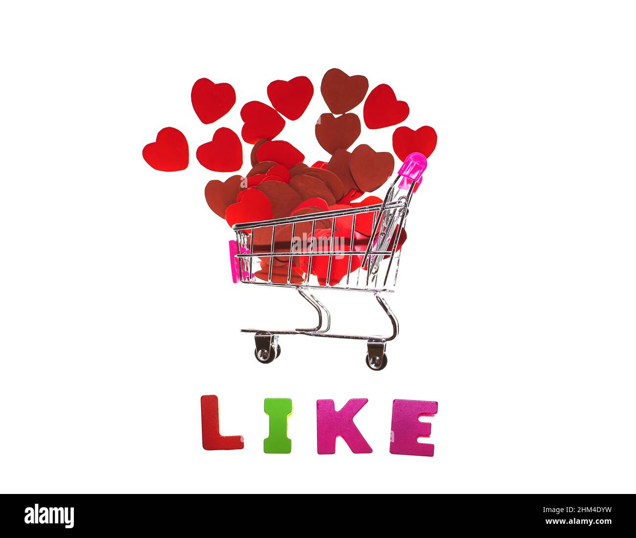 Acquisti per i social media gradisca, carrello del supermercato, carrello con i cuori rossi Foto Stock