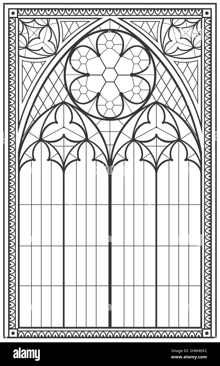 Grafica vettoriale. Sfondo gotico vintage con disegno ad arco. Finestra o cancello Illustrazione Vettoriale