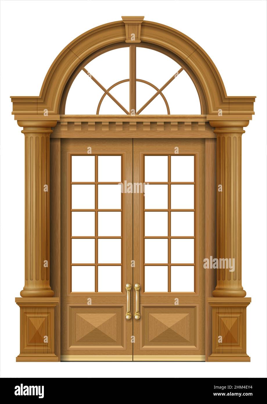 Facciata classica con porta in legno di quercia in stile classico. Grafica vettoriale Illustrazione Vettoriale