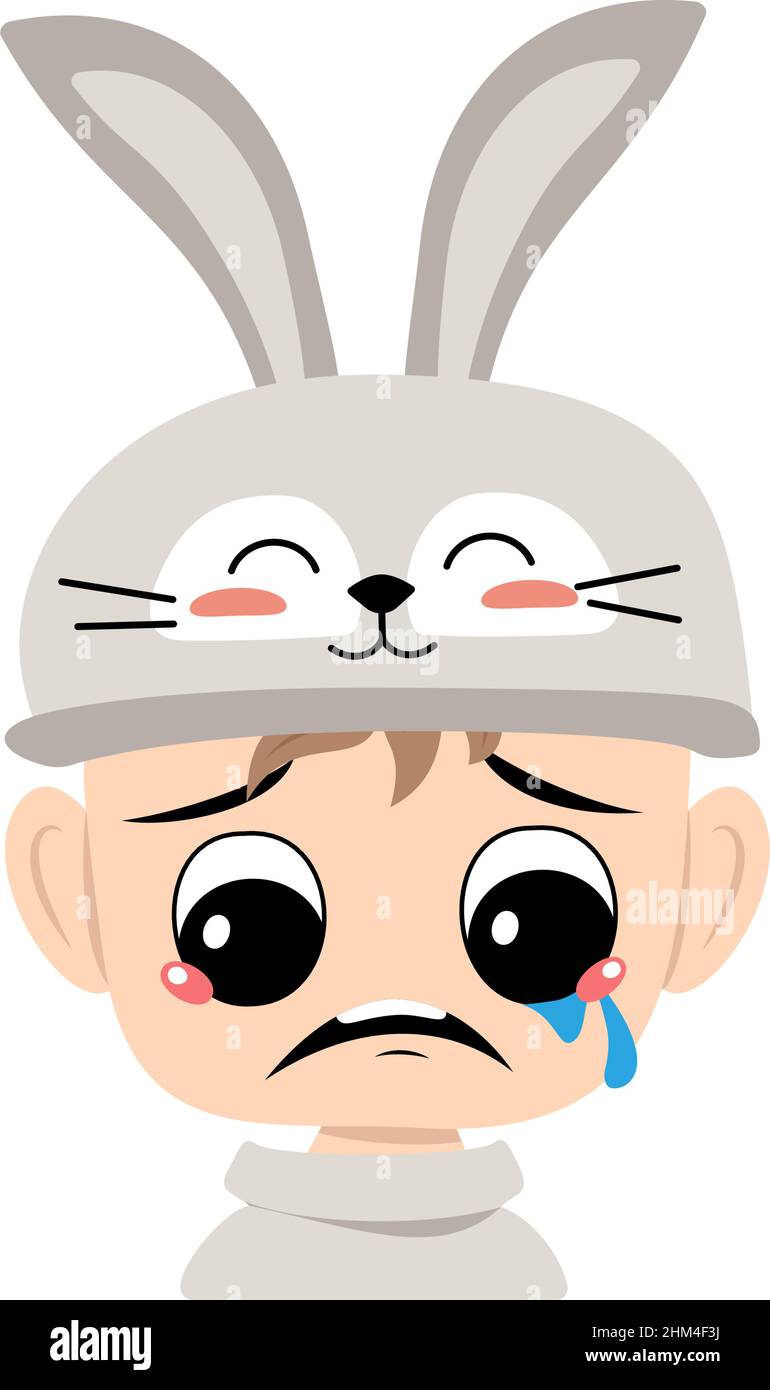 Ragazzo con occhi grandi e piangendo e lacrima emozione, volto triste, occhi depressivi in cappello di coniglio. Bambino con viso malinconico per Pasqua, Capodanno o carnevale costume per festa. Illustrazione piatta vettoriale Illustrazione Vettoriale