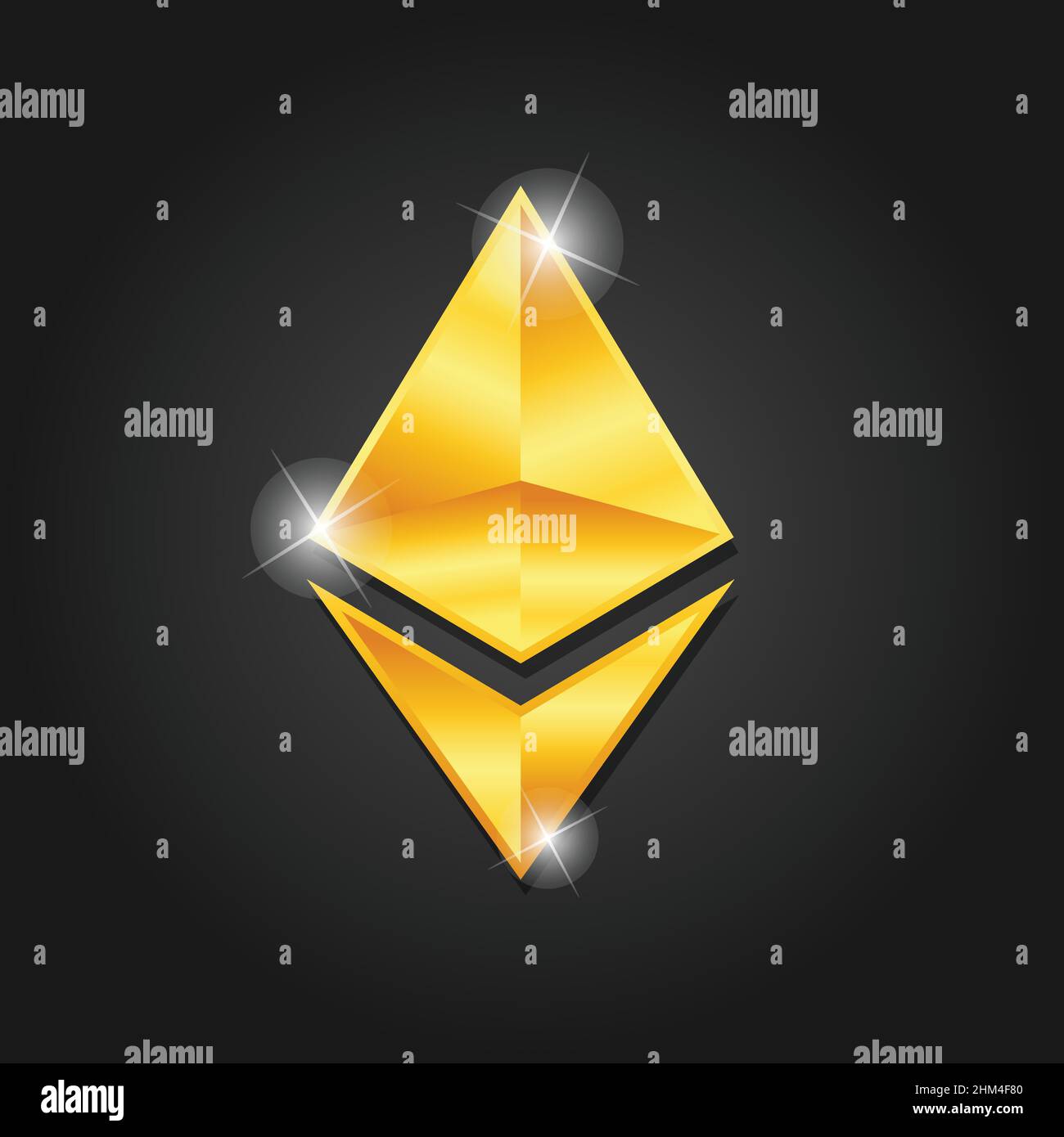 Immagine vettoriale del simbolo del badge con icona di Ethereum lucido dorato. Moneta digitale Golden per la criptovaluta. Il simbolo di moneta di finanza elettronica. Illustrazione Vettoriale