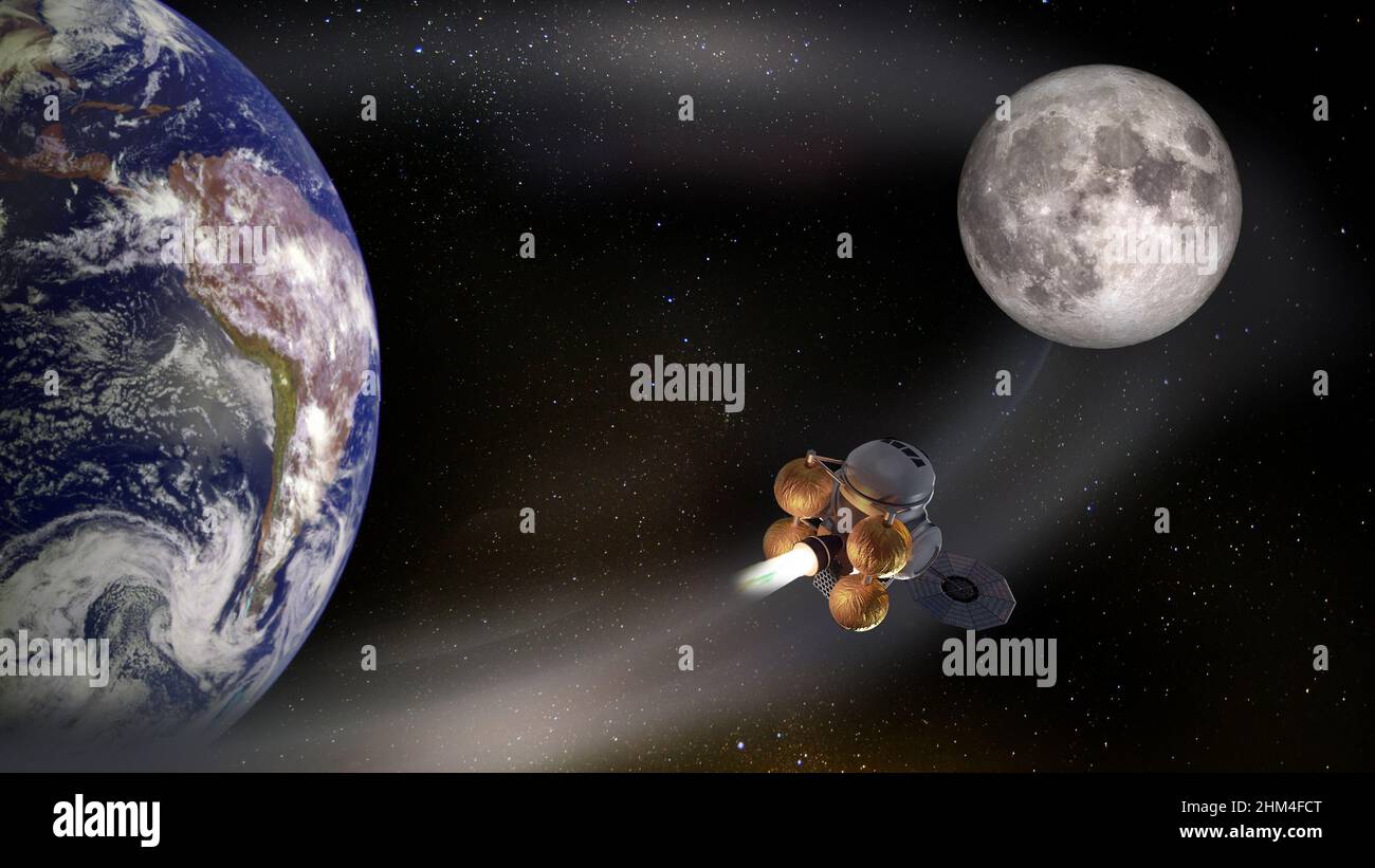 La navicella spaziale del razzo alla luna raggiunge le stelle. Elementi di questa immagine forniti dalla NASA. Foto Stock