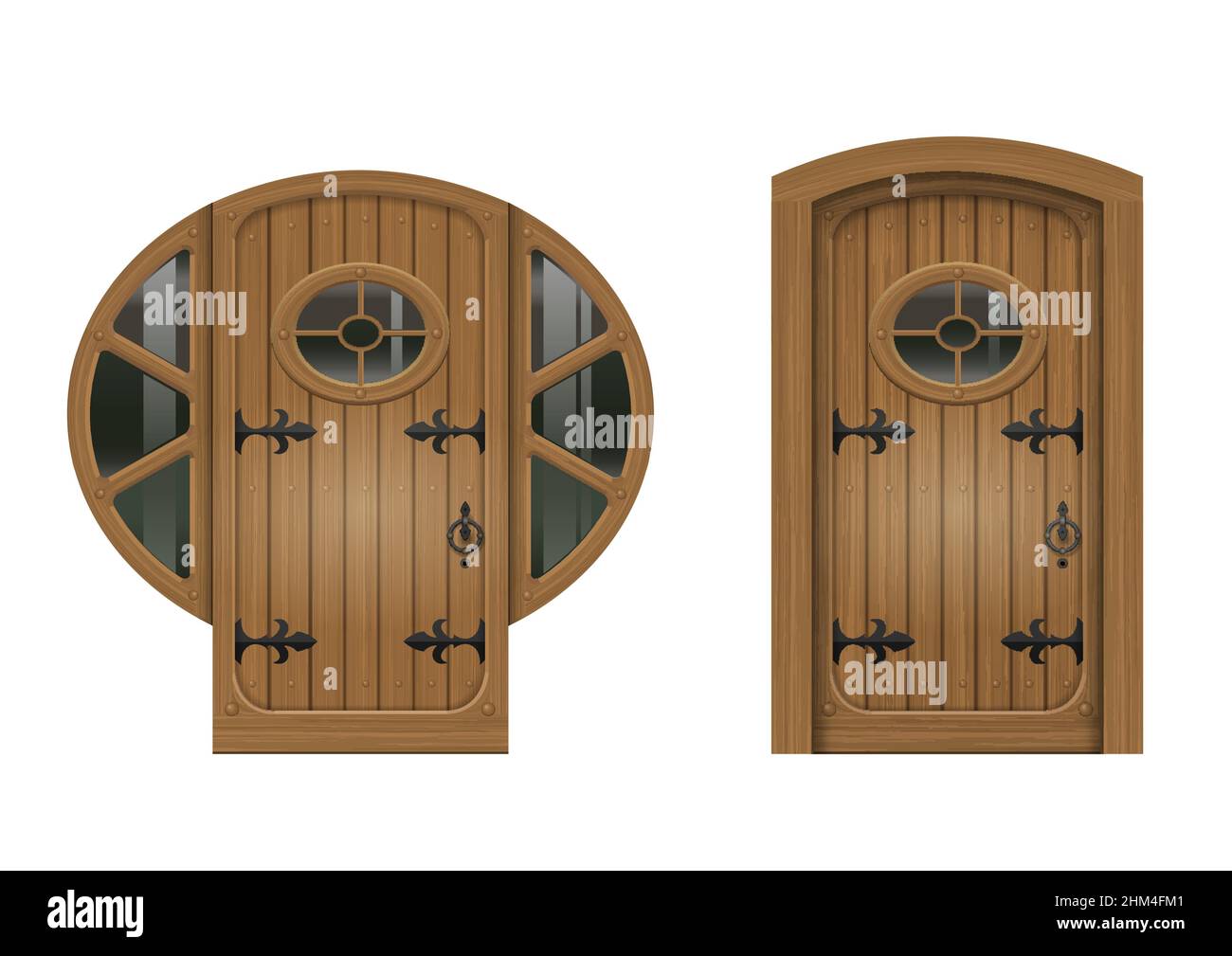 Antica porta ad arco dalla vecchia tavola alla finestra ovale. Grafica vettoriale Illustrazione Vettoriale