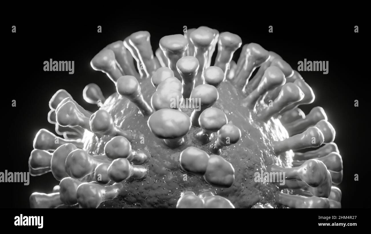 Illustrazione concettuale di una singola cellula virale, visualizzazione di un'infezione virale, background medico Foto Stock