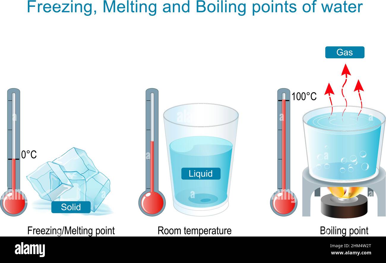 Punti di ebollizione ed evaporazione, congelamento e fusione dell'acqua. Poster per fisica e chimica dell'Educazione elementare Illustrazione Vettoriale