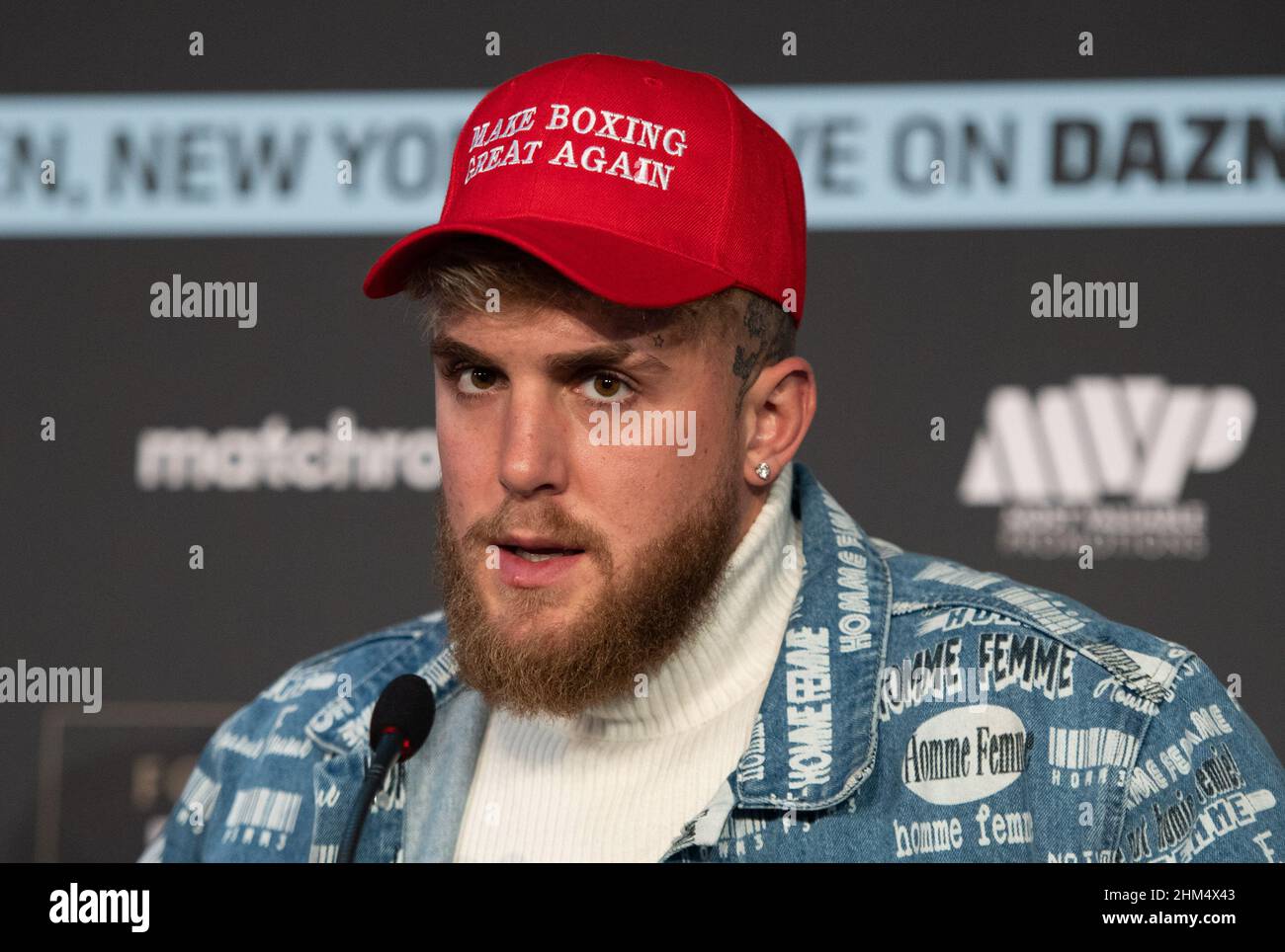 The Leadenhall Building, Regno Unito. 07th Feb 2022. Jake Paul è co-fondatore di Most Valuable Promotions, boxer professionale e creatore di contenuti durante la conferenza stampa in vista della battaglia di Katie Taylor contro Amanda Serrano ai Madison Square Gardens nell'aprile 2022, all'Landing Forty Two, The Leadenhall Building, Inghilterra, il 7 febbraio 2022. Foto di Alan Stanford. Credit: Prime Media Images/Alamy Live News Foto Stock