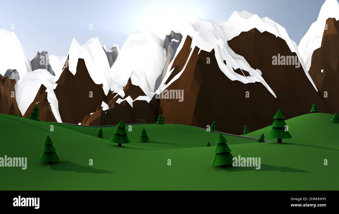 Paesaggio di montagna e pineta in giornata. 3d rendering. Foto Stock