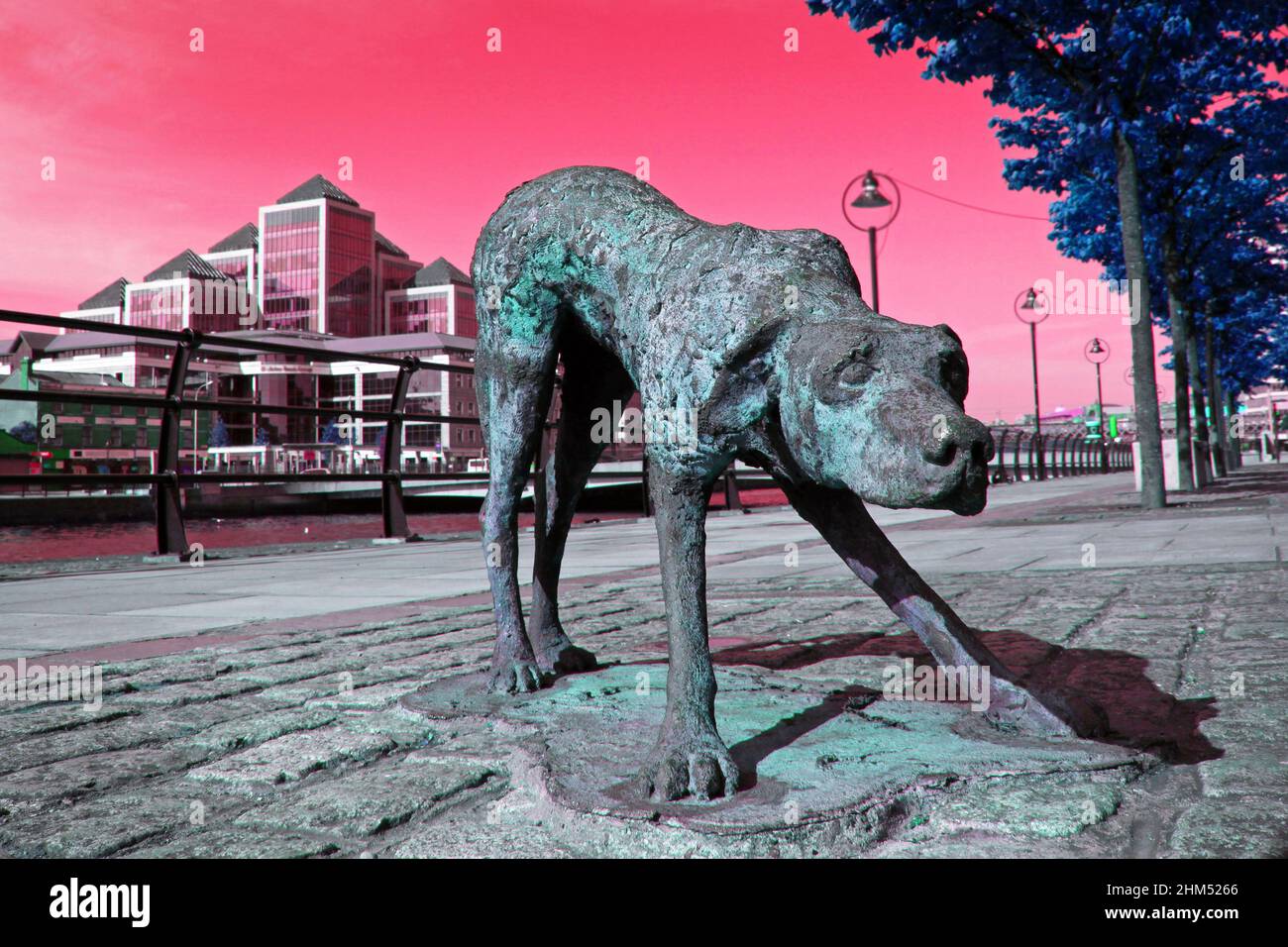 Una fotografia stilizzata di una scultura di cani da carestia sulle banchine di Dublino, Irlanda. Foto Stock