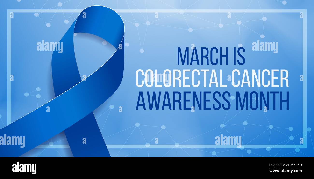 Concetto di mese di consapevolezza del cancro colorettale. Modello di banner con nastro blu e testo. Illustrazione vettoriale. Illustrazione Vettoriale