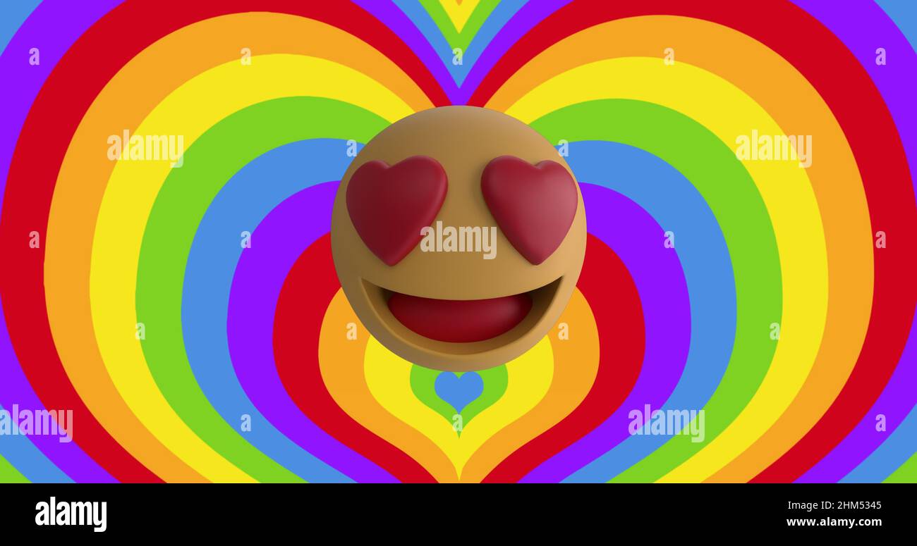 Immagine dell'icona dei cuori e delle emoji sullo sfondo dell'arcobaleno Foto Stock
