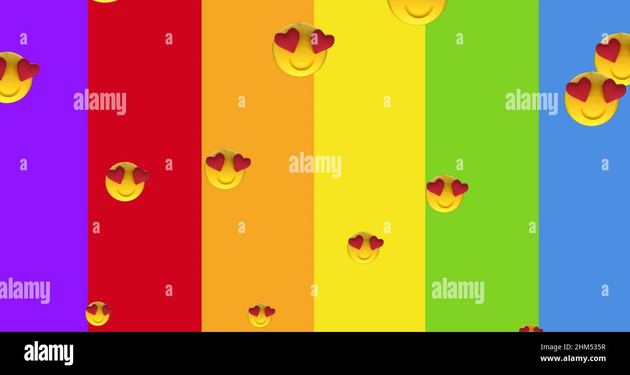 Immagine delle icone emoji del cuore sullo sfondo dell'arcobaleno Foto Stock