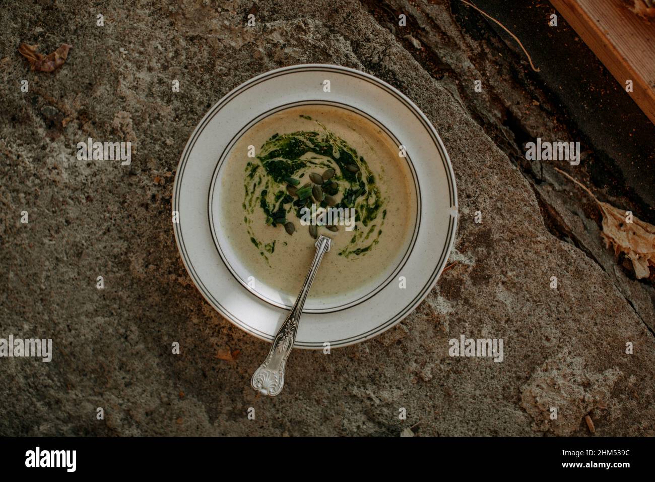 Vista ad angolo alto del piatto con zuppa Foto Stock
