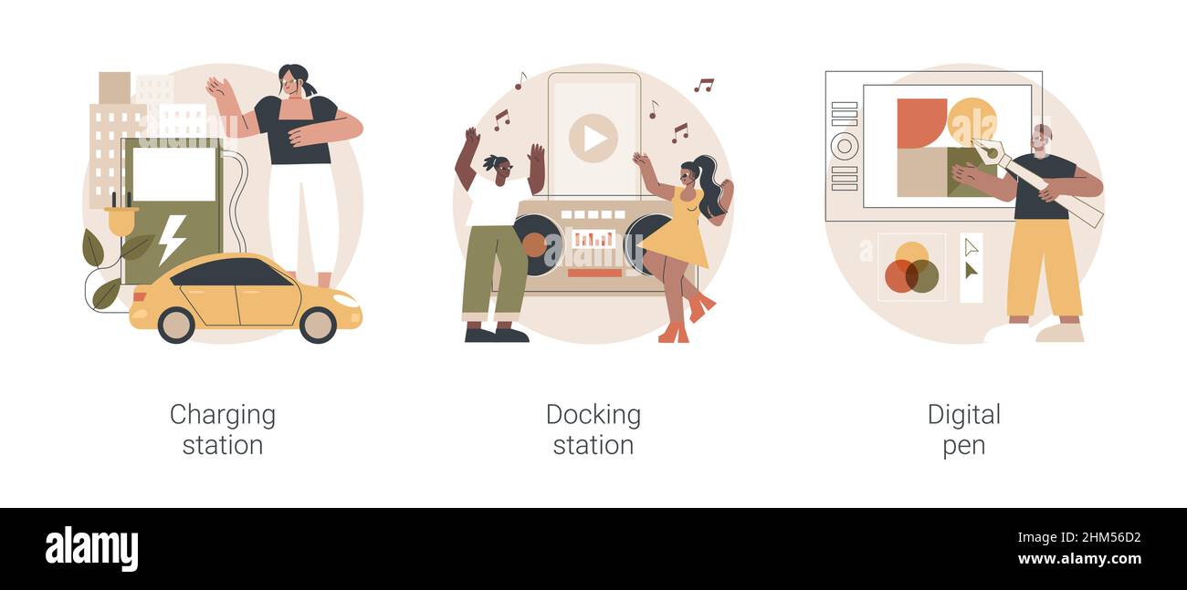 Uso di dispositivi elettronici e carica set di illustrazioni vettoriali di concetto astratto. Stazione di ricarica, docking station, penna digitale, presa elettrica, capacità della batteria, riproduci musica, collega la metafora astratta. Illustrazione Vettoriale