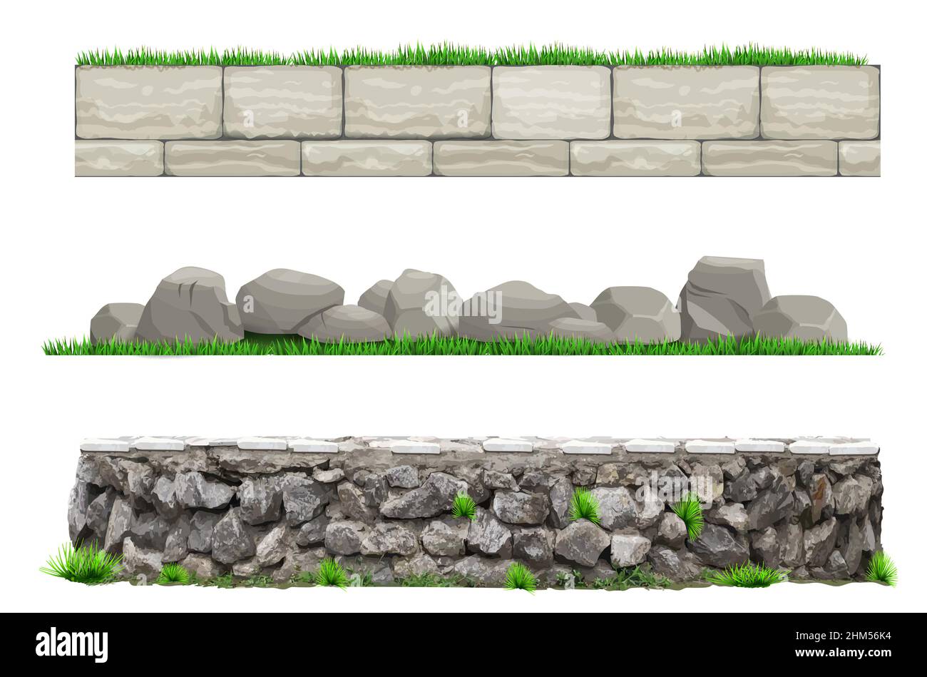 Set di recinzioni vettoriali per pareti in pietra. Il confine. Eco paesaggistica ed elementi Illustrazione Vettoriale