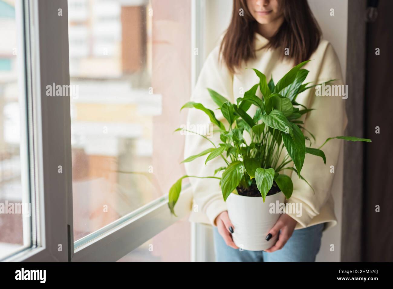Bella giovane donna caucasica che tiene una casa Spathiphyllum pianta in un vaso. Giardinaggio, hobby. Messa a fuoco selettiva soft. Foto Stock