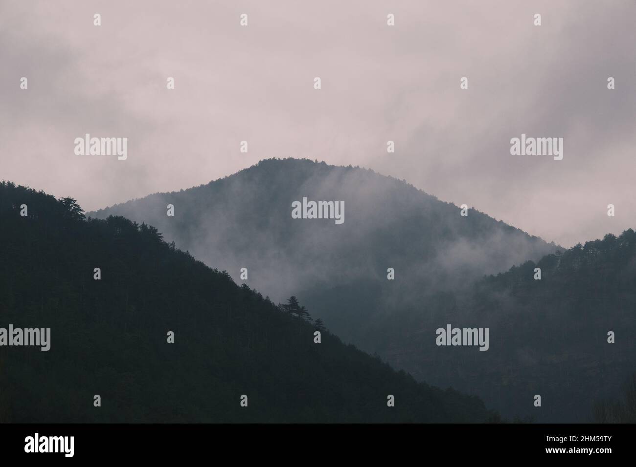 Cima di montagna, cima di cima nebbia di montagna, stagione invernale nebulosa. Idea di concetto enorme e misterioso. Foto Stock