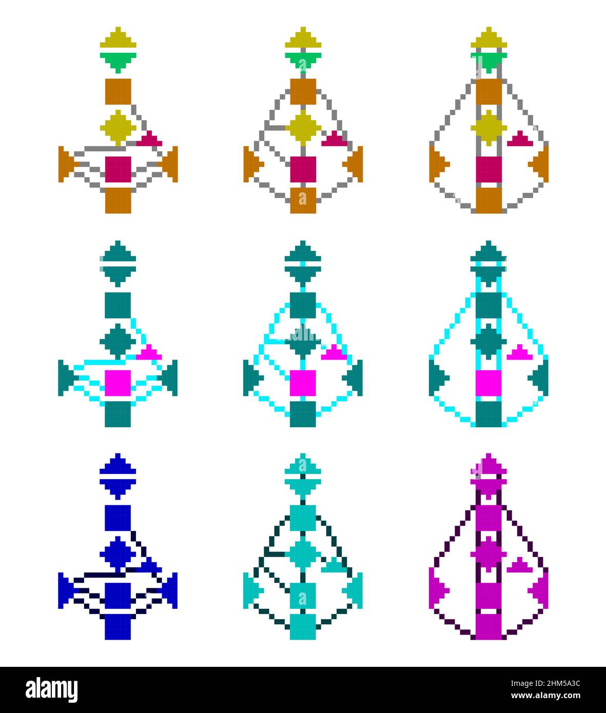 Bodygraph pixel art. Grafico stilizzato grafico grafico grafico a colori di disegno umano, modificabile. Gruppi di circuiti - flussi tribali, individuali, collettivi Illustrazione Vettoriale