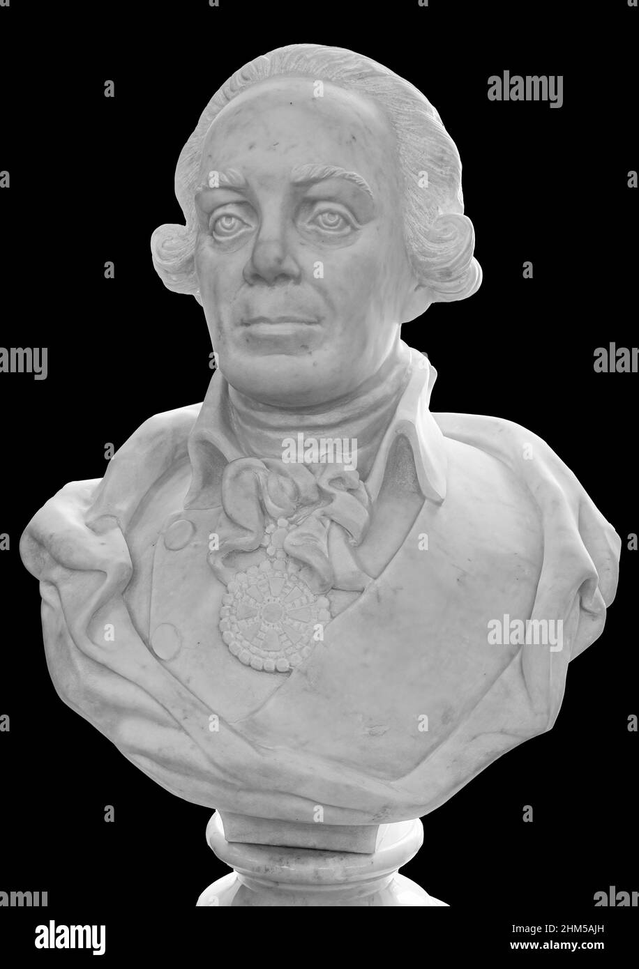 Busto di pietra del generale russo Alexander Suvorov isolato su sfondo nero Foto Stock