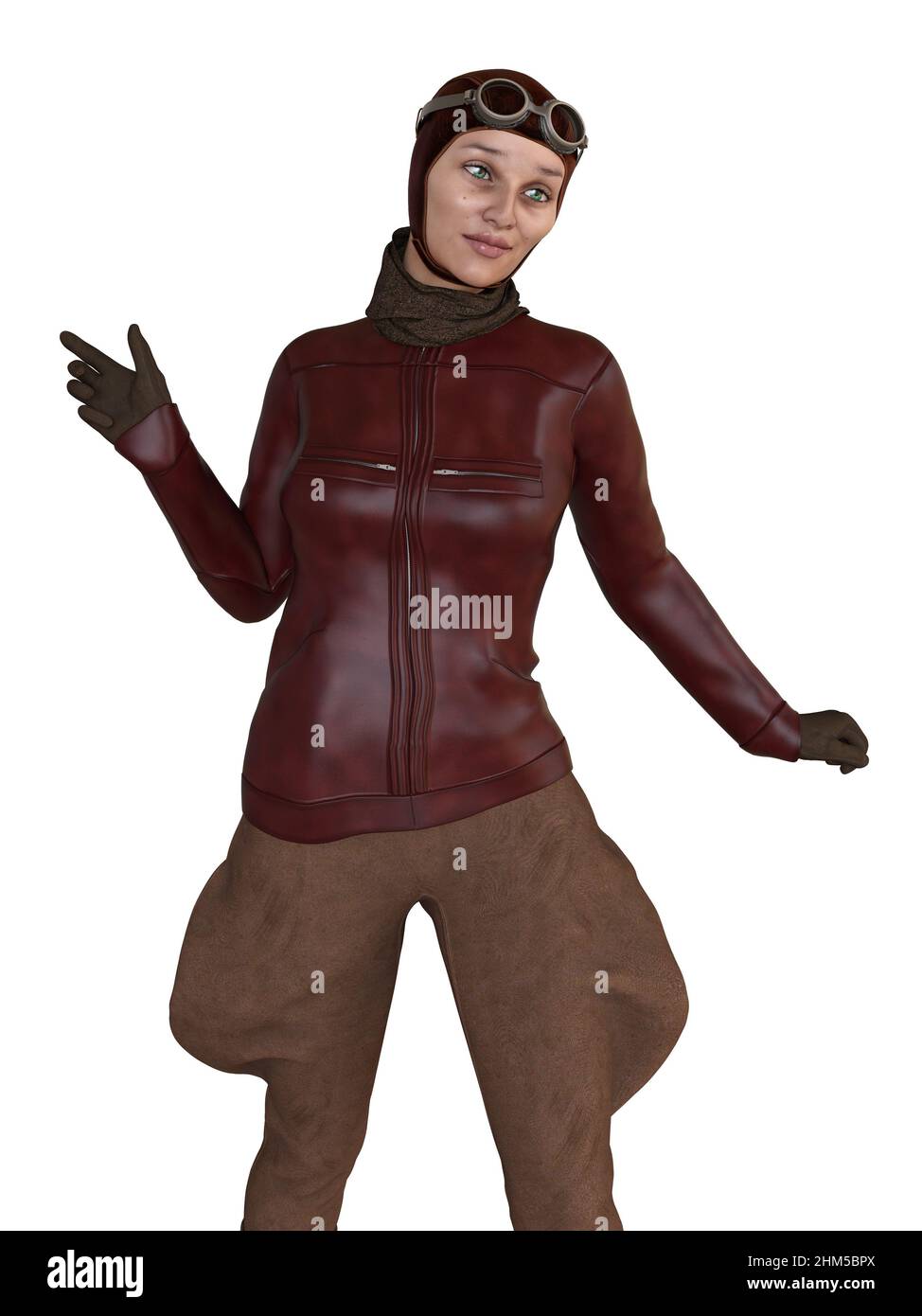 Donna pilota, una donna indossa costume da pilota aviano retrò, giacca in  pelle rossa e cappuccio con occhiali. 3D Illustrazione Foto stock - Alamy