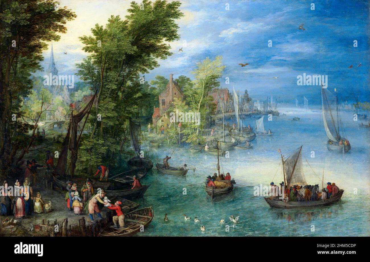 Paesaggio fluviale di Jan Brueghel il Vecchio (1568-1625), olio su rame, 1607 Foto Stock