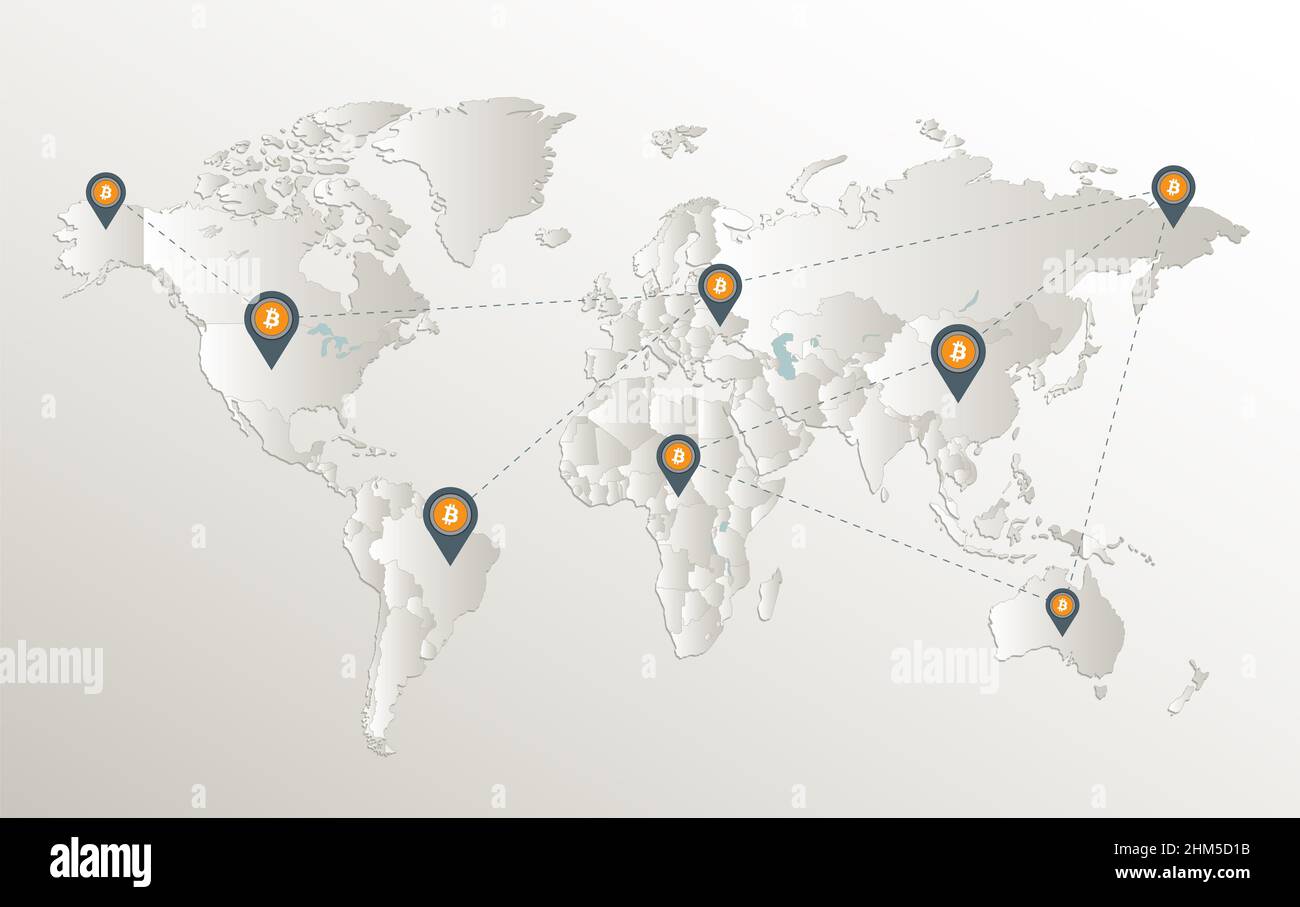 Mappa del mondo, rete bitcoin e puntatore di posizione, separa gli stati, carta da 3D naturale, vuota Foto Stock