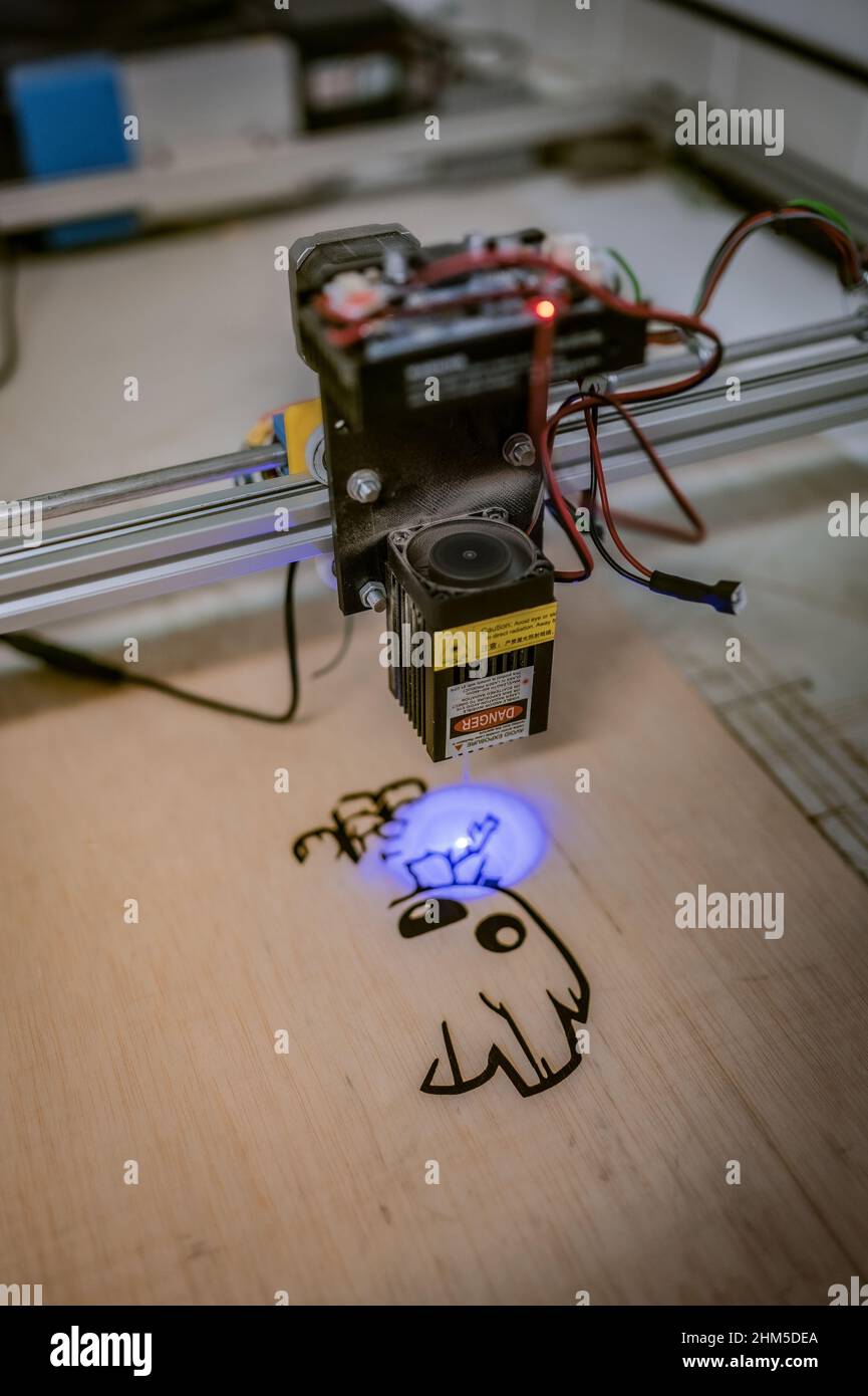 Stampante laser a legno a Zaragoza Makerspace, un'associazione senza scopo di lucro che mira a servire come piattaforma per l'apprendimento e lo sviluppo di progetti nel campo della tec Foto Stock