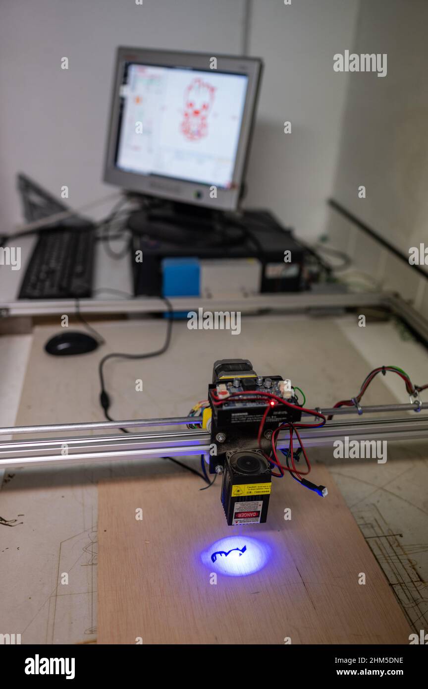 Stampante laser a legno a Zaragoza Makerspace, un'associazione senza scopo di lucro che mira a servire come piattaforma per l'apprendimento e lo sviluppo di progetti nel campo della tec Foto Stock