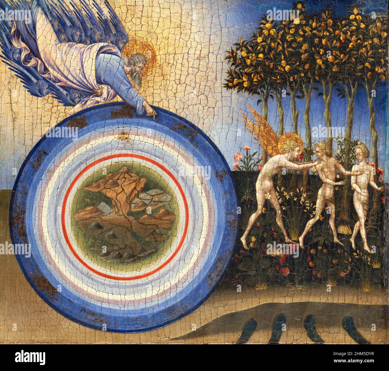GIOVANNI di PAOLO ( c 1403-1482) pittore italiano. La creazione del mondo e l'espulsione dal Paradiso. Foto Stock